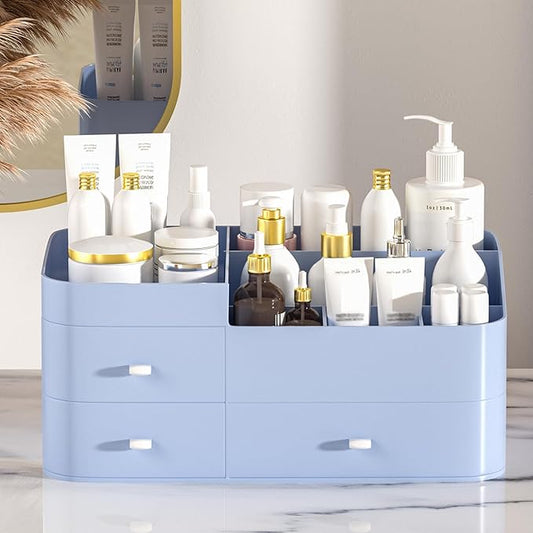 MIUOPUR Makeup Organizer for Vanity, Large Capacity Desk Organizer with Drawers for Cosmetics, Lipsticks, Jewelry, Nail Care, Skincare, Ideal for Bedroom and Bathroom Countertops - Large Blue
