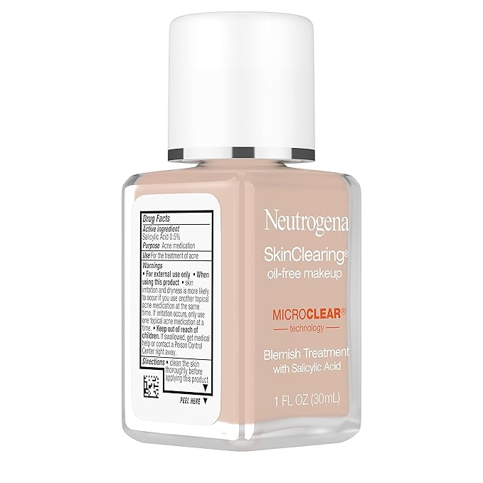 Neutrogena SkinClearing Oil-Free Acne and Blemish Fighting Liquid Foundation with.5% Salicylic Acid Acne Medicine, Shine Controlling Makeup for Acne Prone Skin, 20 Natural Ivory, 1 fl. oz