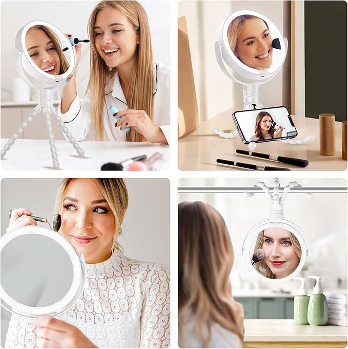 Makeup Mirror with Lights, 1x/10x Magnifying Mirror with Light & 3 Colors - Adjustable Brightness, 360° Rotating Portable Travel Makeup Mirror, Hanging/Handheld/Desktop Design,Vanity Mirrors for Women
