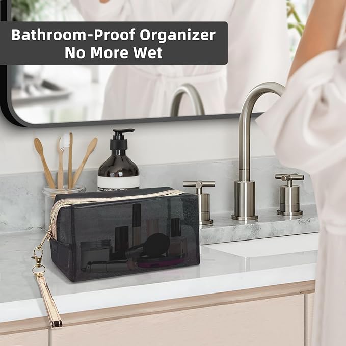 Clear Colorful Makeup Bag, Thick PVC Small Clear Toiletry Bag for Travel, Waterproof Cosmetic Bag with Durable Zipper & Detachable Strap, Cute Transparent Pouch Organizer for Women, 7.1×4×3 In Black