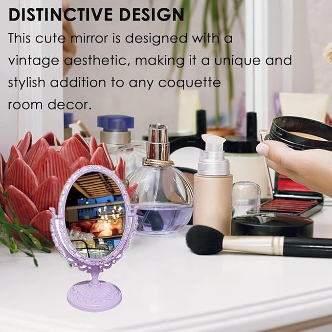 AKOAK 1 Pack Desktop Makeup Mirror, Oval Desk Makeup Mirror, Double-Sided 360-degree Rotating Makeup Mirror Bathroom Bedroom Makeup Mirror, Travel Mirror Suitable for Women (Purple)