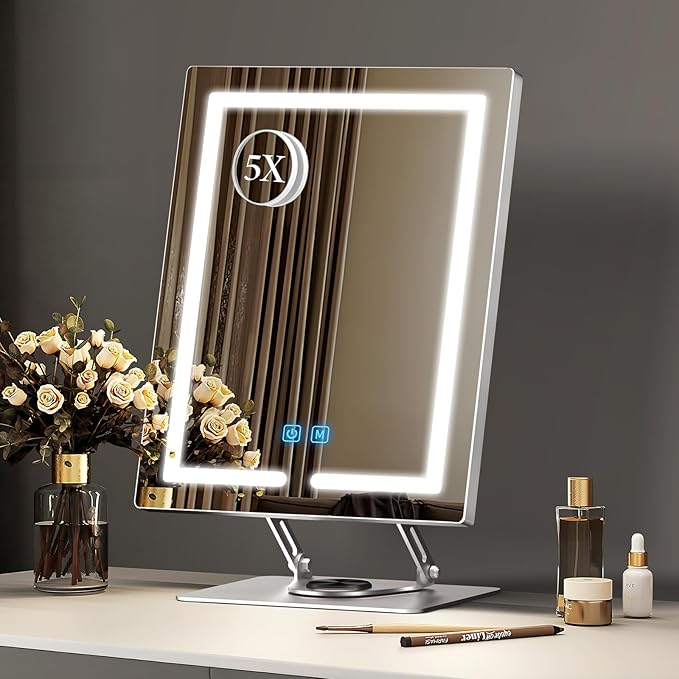 Makeup Mirror with Lights and 5X Magnification, 360°Rotation Lighted Makeup Mirror, Free Adjustable Angle and Height, Mirror with Lighting with Smart Touch for Bedroom Tabletop, Gift for Women