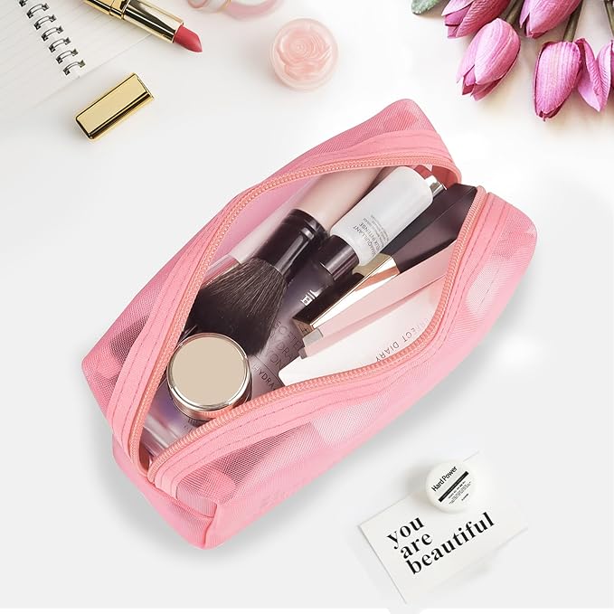 Aosbos 3-Pack Mesh Cosmetic Bag Set - Travel/On-The-Go Makeup Storage, Zipper Closure Small Pouch