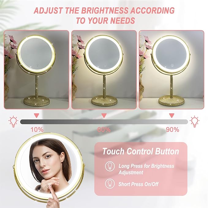 8" Gold Makeup Mirror with Lights - 10X Magnifying Vanity Mirror, 3 Color LED, Adjustable Brightness, 360° Swivel, Rechargeable - Desk/Bathroom Mirror (Gold)
