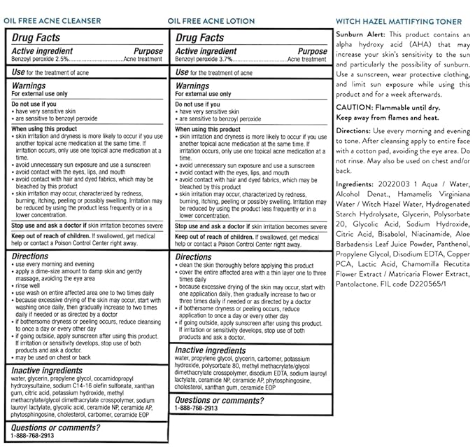 Acne Free 3 Step 24 Hour Acne Treatment Kit - Clearing System W Oil Free Acne Cleanser, Witch Hazel Toner, & Oil Free Acne Lotion - Acne Solution W/ Benzoyl Peroxide for Teens and Adults - Original