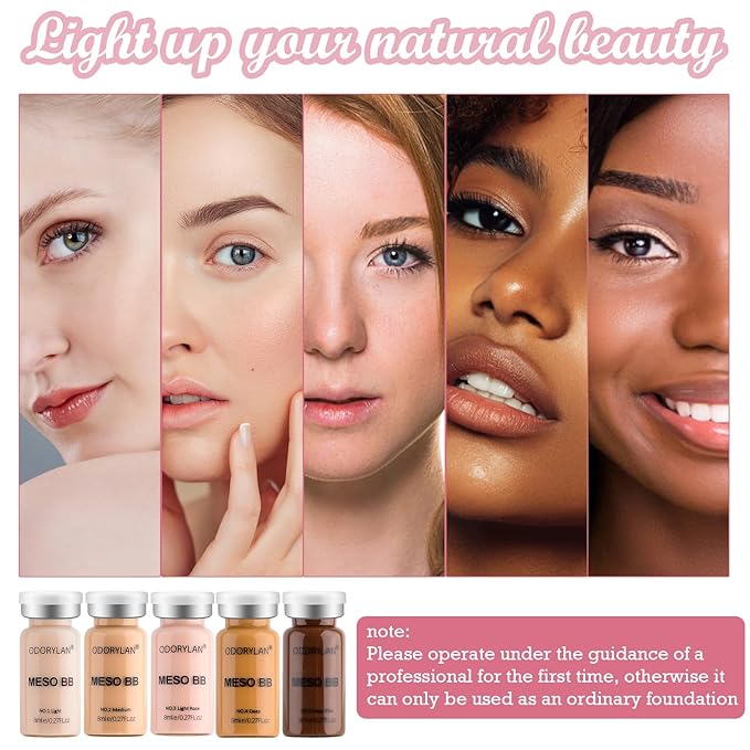 BB Facial Glow Serum Starter Kit Hydration Essence Foundation Skin Care Kit 0.27 oz 10 vials, Combined with Niacinamide and Peptides to Lighten Skin Tone Anti-Aging Foundation 5-mix pack