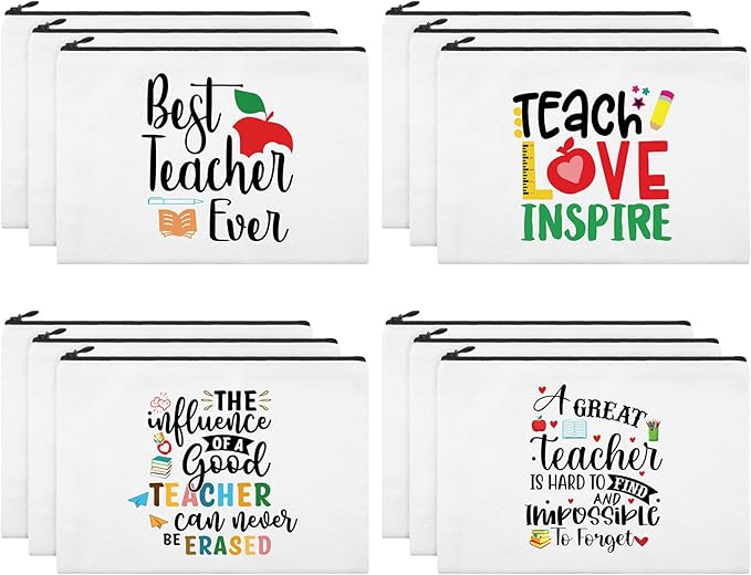 12 Pcs Teacher Gifts Makeup Bags Teacher Appreciation Travel Toiletry Canvas Cosmetic Pencil Survival Kit Bag for Women Zipper Pouch Bag Thank You Gifts Bulk (Warm Words)