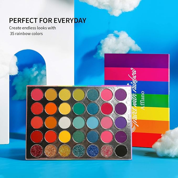 Afflano Rainbow Eyeshadow Palette Matte Shimmer Pressed Glitter, Pigmented Colorful Eye Shadow Pallets, Pink Red Orange Yellow Green Blue Purple 35 Color, Bright Prime Makeup Palette