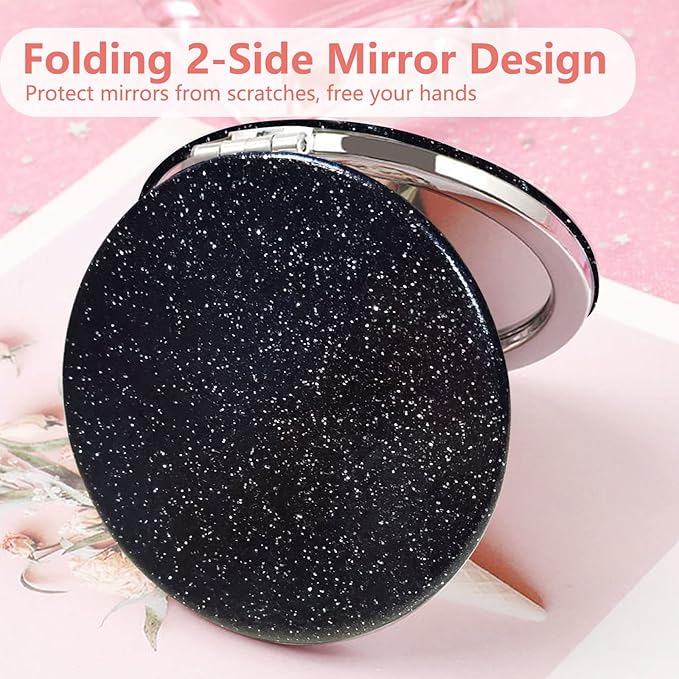 Acedada Portable Travel Makeup Mirror, Folding Handheld 2-Sided 1x/2x Magnifying Compact Mirror for Women Girls - Black
