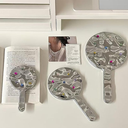 Hand Mirror, Handheld Mirror Water Ripples Hand Mirror with Handle Silver Round Mirror with Rhinestones for Makeup, Small (6.3 x 3.5 inches)
