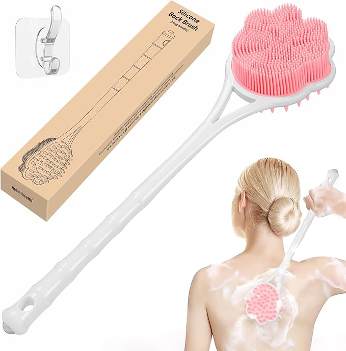 Manmihealth 15.7" Cute Silicone Back Scrubber with Long-Handle, Dual Use Back Brush for Shower with Super-Soft Silicone Bristles, Paw-Shaped Shower Body Scrubber for Sensitive Skin(Pink)