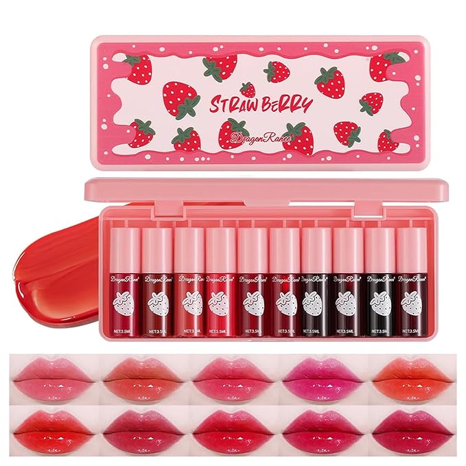 Eakroo 10 Colors Lip Stain Tint Set, Korean Lip Gloss Watery Lip Stain Set, Natural Moisturizing Korean Lip Tint, High Pigment, Long-Lasting, Non-Stick Cup, Vivid Color, Lip Tint Makeup (Set A, Large)