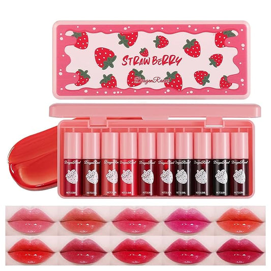 Eakroo 10 Colors Lip Stain Tint Set, Korean Lip Gloss Watery Lip Stain Set, Natural Moisturizing Korean Lip Tint, High Pigment, Long-Lasting, Non-Stick Cup, Vivid Color, Lip Tint Makeup (Set A, Large)