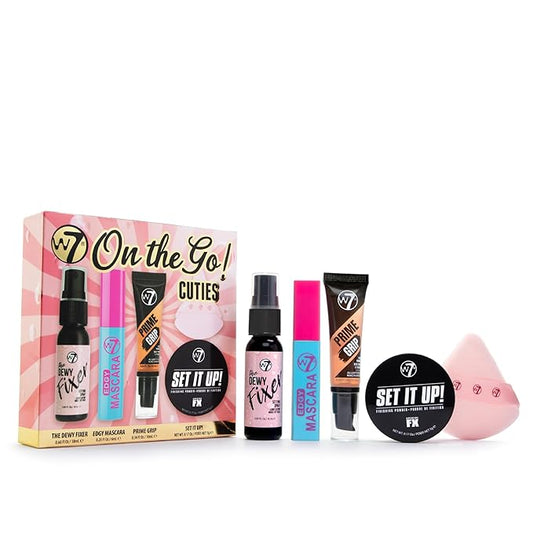 W7 On the Go Cuties Gift Set - Mini Makeup Essentials with Primer, Mascara, Setting Spray, Loose Powder & Powder Puff - Travel Size Beauty Favourites - Stocking Stuffer