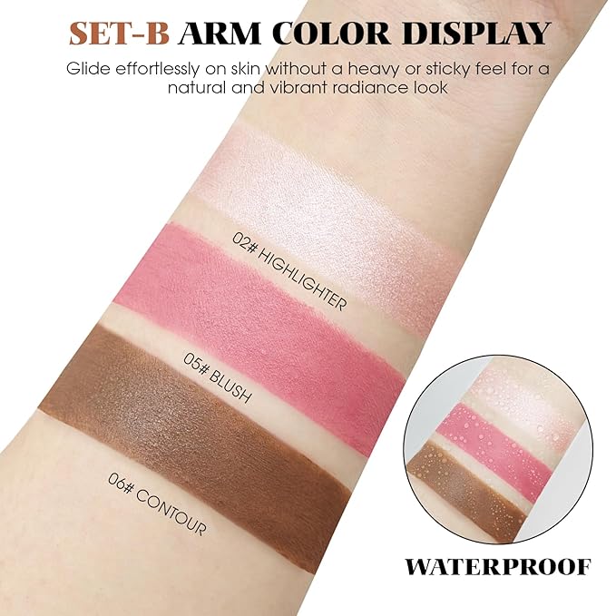 3Pcs Cream Contour Kit - Cream Blush, Highlighter, Contour Bronzer for Cheeks, Waterproof Long Lasting Blendable, Contour Stick Trio for Face Makeup (#02, 05, 06)