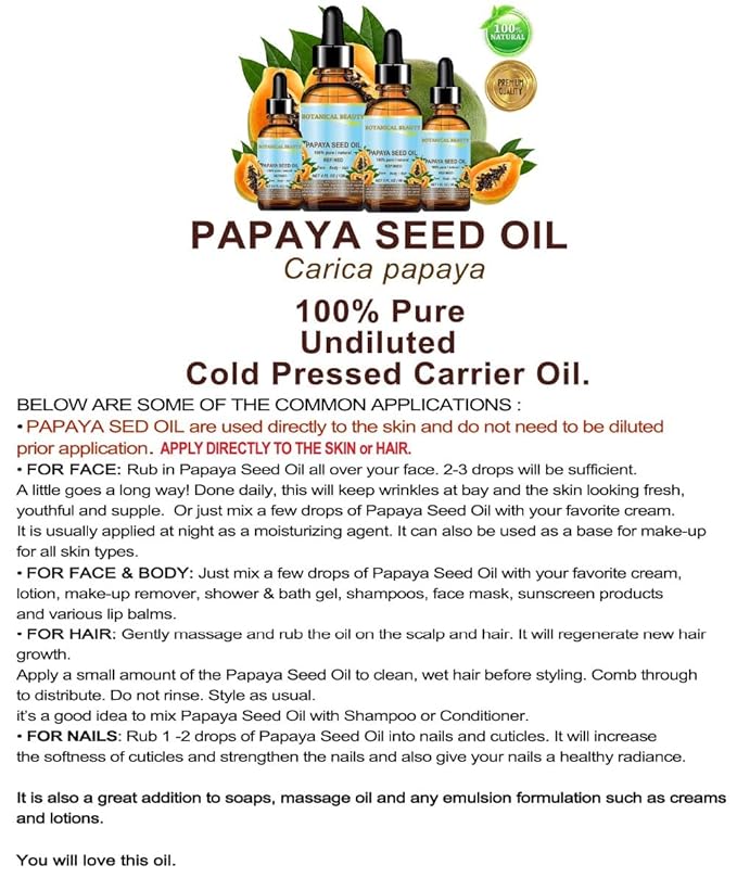 Botanical Beauty PAPAYA SEED OIL. 100% Pure / Natural / Undiluted /Refined Cold Pressed Carrier Oil. 0.5 Fl.oz.- 15 ml. For Skin, Hair And Lip Care.