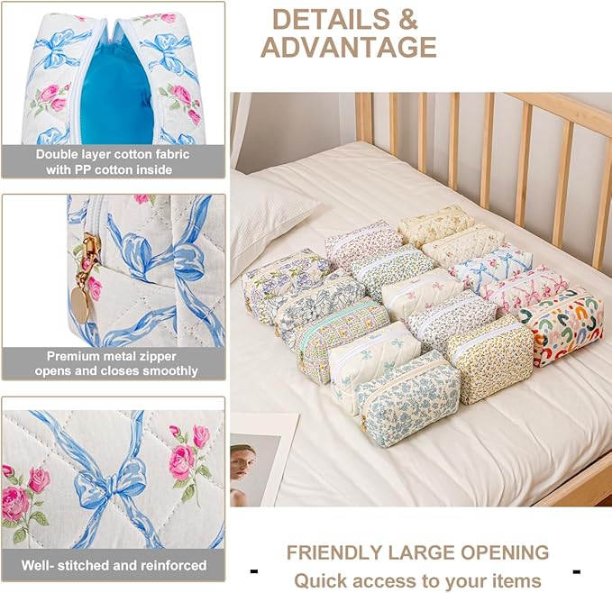 Gleyemor Small Quilted Makeup Bag for Women, Cute Floral Bow Cosmetic Bag, Emergency Bag Travel Toiletry Cotton Pouch Gifts for Girls Her Mom Friend Sister Bridesmaid (Blue Bowknot&Rose)