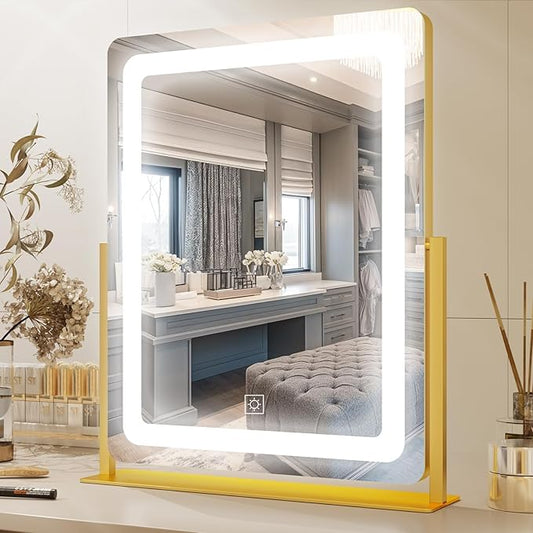 PRIMETEK Vanity Mirror with Lights, 19"x22" Large Makeup Mirror with Lights, LED Lighted Makeup Mirror, Touch Screen with 3-Color Lighting, Dimmable for Vanity Desk Tabletop, Bedroom, Gold