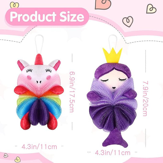 Nuenen 2 Pcs Bath Loofahs Kids Toddler Cute Cartoon Bath Sponges Loofah Pouf Body Scrubber Mesh Sponges for Children Shower Washing Exfoliating(Unicorn, Princess)