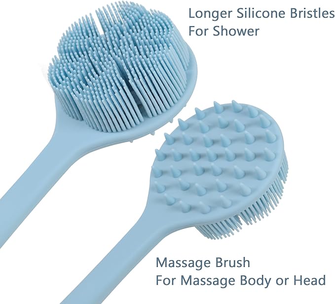 OWIIZI Extremely Soft Silicone Back Brush for Shower with Rich Lather, Reversible Body Bath Brushes Scrubber with Long Handle Skin Exfoliator for Women Elderly Wet Use