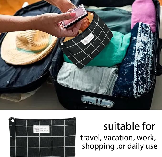 3 Pcs Canvas Makeup Bags Set Cosmetic Small Bag Printed Cute Vacation Travel Toiletry Purse Zipper Pouch Multi-Function Bag Women Girls Favor