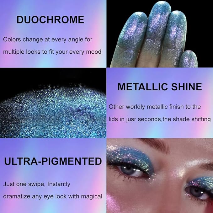 Afflano Holographic Glitter Eyeshadow - Color Change Multichrome Silver Blue Shimmer Metallic Eye Makeup, Sparkling Pigment Chameleon Duo Chrome for Blue Eyes