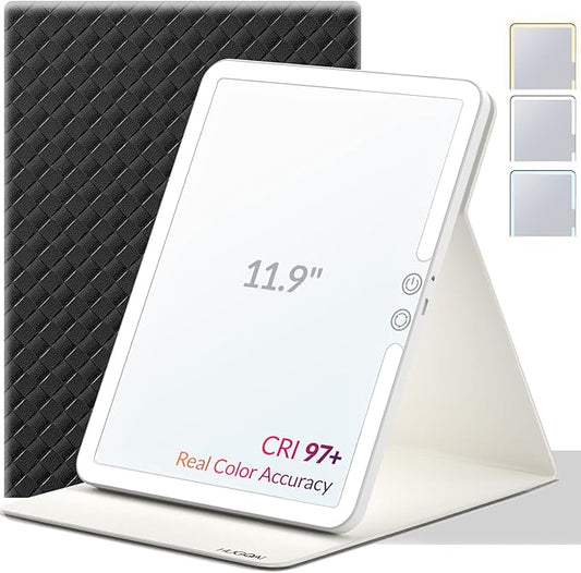 Travel Makeup Mirror with Lights, Portable Lighted Vanity Mirror with 100 LED, Rechargeable, Foldable for Tabletop, 11.9 inches, Black