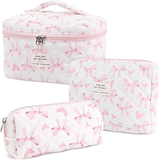 3Pcs Cotton Quilted Makeup Bag Set,Large Floral Cosmetic Bag，Aesthetic Toiletry Travel Makeup Bag Set and Cute Flower Bag for Women Girls (Love Bow)