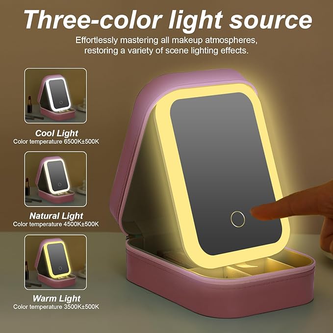 Small Travel LED Makeup Mirror Case with 3 Adjustable Color Light Settings, Dust-Proof Jewelry Box, Mini Cosmetic Train Case Ideal for Short Trips (Pink)