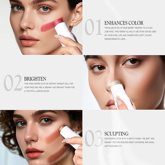 3 PCS Makeup Cream Contour Stick Set, Highlighter Stick & Bronzer Stick & Blush Stick, Long Lasting, Natural Face Contour, Dewy & Matte Finish, Multi Stick Trio for All Skin