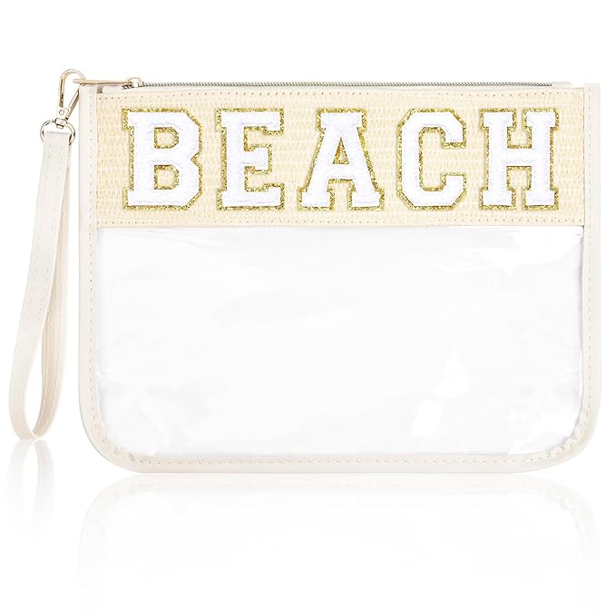 BEACH Bag BEACH Sunscreen Makeup Bag Chenille Letter Pouch Clear Travel Zipper Nylon Cosmetic Pouch Organizer Sunscreen Toiletry Bag Waterproof Summer Travel Gifts for Women