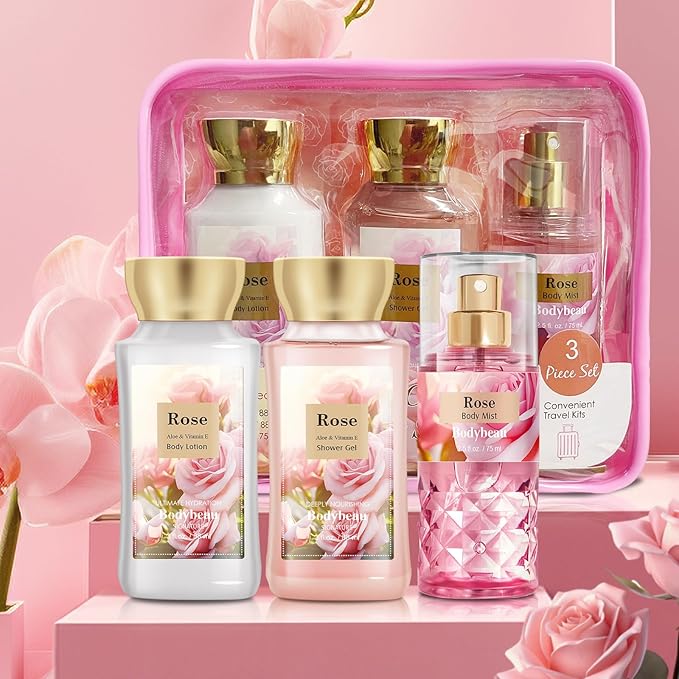 Bath and Body Gift Set for Women & Girls, Rose 3PCS Set for - Shower Gel, Body Lotion, Body Mist, Personal Portable Body Care Travel Set for Birthday Mother's Valentine's Day Gifts for Her