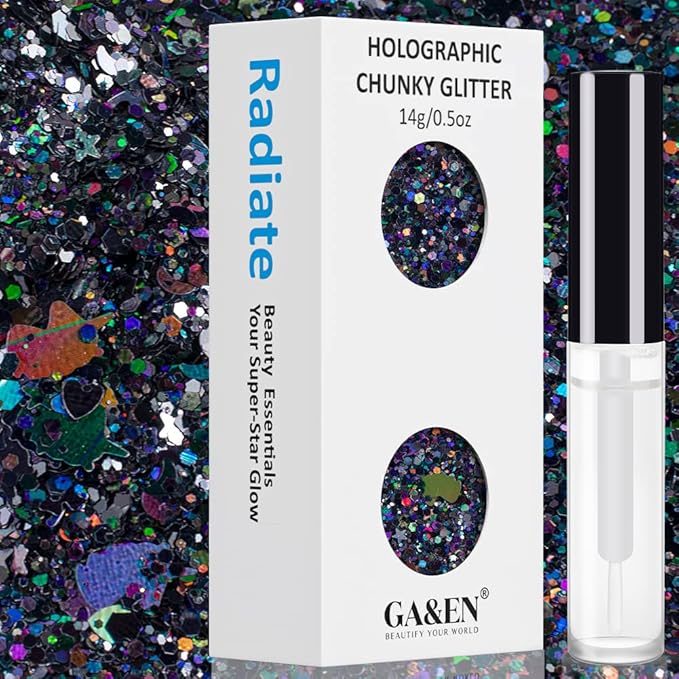 Black Holographic Chunky Glitter Cosmetic Body Hair Face Eye Nail for Festival Carnival Concert Party Beauty Rave Accessories Different Sizes&Shapes 2 Pots 14g/0.5oz+ Quick Dry Primer Glue Gel