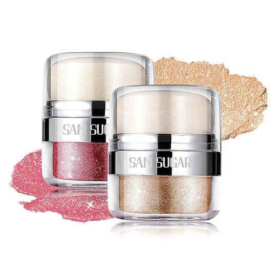 Body Shimmer Powder, 2PCS Glitter Highlighter Powder for Face, Liquid Highlighter Blush Body Glow Shimmer Powder Fairy Brightening Makeup Stick for Eyes, Hair (2, Pink/Champagne Gold, 32 g)