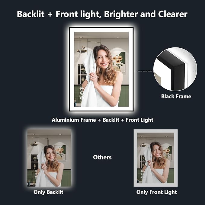 36x36 Inch LED Bathroom Mirror with Lights (Front Lit and Backlit) Black Framed Lighted Vanity Mirror for Bathroom Wall Dimmable Anti-Fog Memory Tempered Glass Horizontal/Vertical