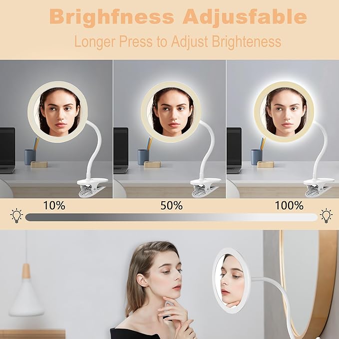 6.5" Clip On Gooseneck Makeup Vanity Mirror With Light, 2000mAh USB Lighted Travel Mirror, White 1X