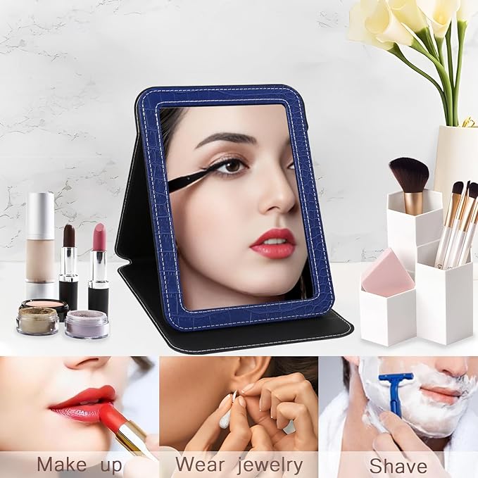 Blue Foldable Desk Mirror, 5.3×6.9” Adjustable Angle Rounded Rectangle PU Edge Covering Travel Mirror with Stand (MBlue)