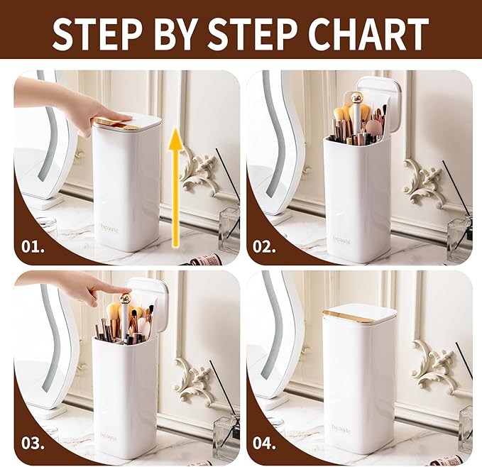 Makeup Brush Holder with Lid Cosmetic Tools Organizer（White