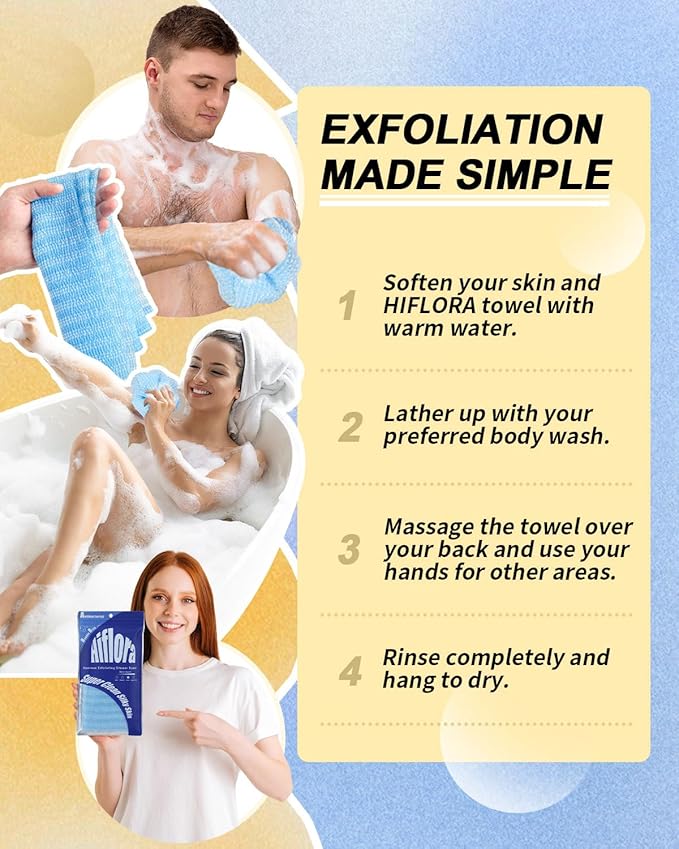 3 Pack Back Exfoliator for Shower and Dead Skin Removal, Exfoliating Body Scrubber for Smooth Skin Japan Washcloth for Shower & Bath, Versatile Body Scrub Towel