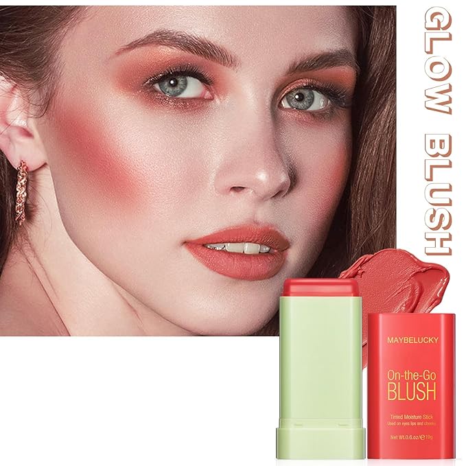 Cream Blush Stick for Cheeks, Multi-Use Makeup for Eye, Lip, Face - Travel-Friendly Tinted Solid Moisturizer, Matte Natural Glow Blendable Smooth Blusher With Brush - Orange Coral