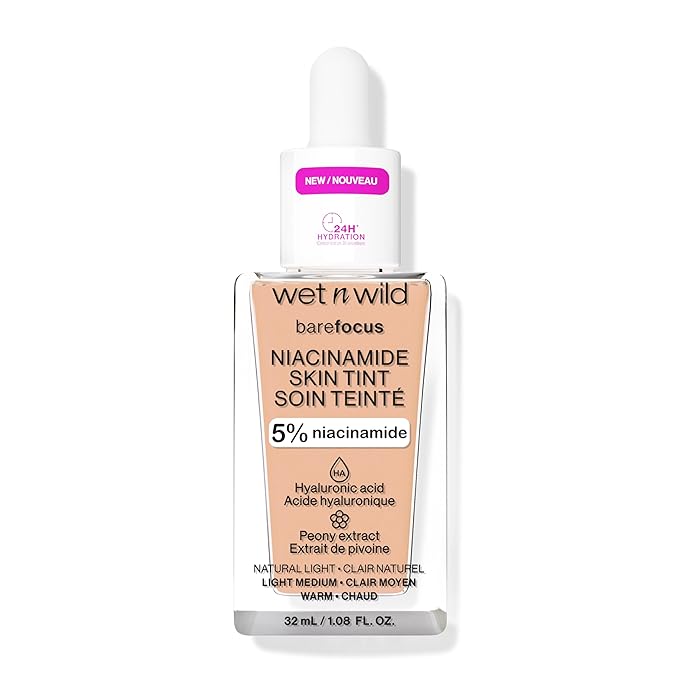 wet n wild Bare Focus Skin Tint, 5% Niacinamide Enriched, Buildable Sheer Lightweight Coverage, Natural Radiant Finish, Hyaluronic & Vitamin Hydration Boost, Cruelty-Free & Vegan - Light