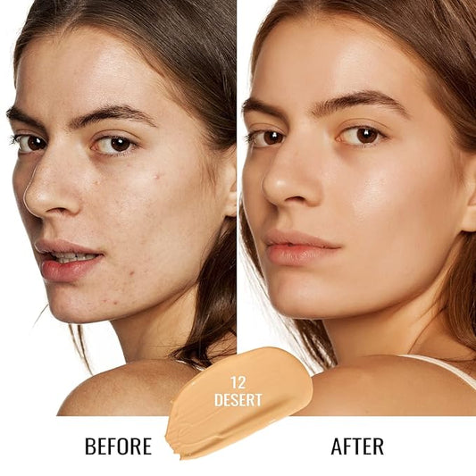 Oulac Foundation Make Up, Skincare Infused With Aloe Leaf And Vitamin E, Medium to High Coverage Liquid Foundation, Foundation Vegan 30ml, Shade：Desert 12