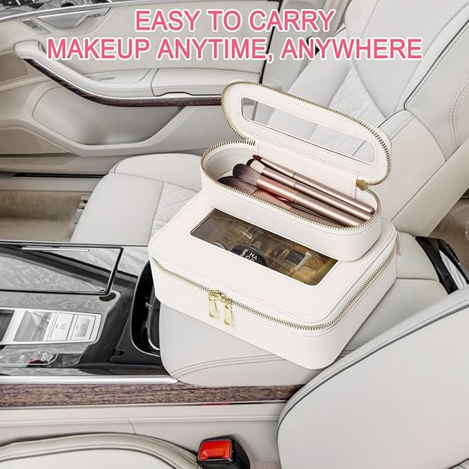 Makeup Brush Case Clear Travel Cosmetic & Toiletry Bag Slim Makeup Bag with Zipper Small Purse Organizer Car Essential Bag for Women (White, SLIM-3)