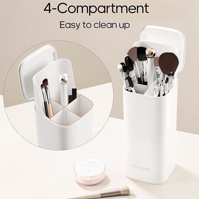 Makeup Brush Holder with Lid,One Touch Open 4 Slot Makeup Brush Case with Waterproof Dustproof,Brushes Storage Holder for Vanity, Dresser, Desk (White)