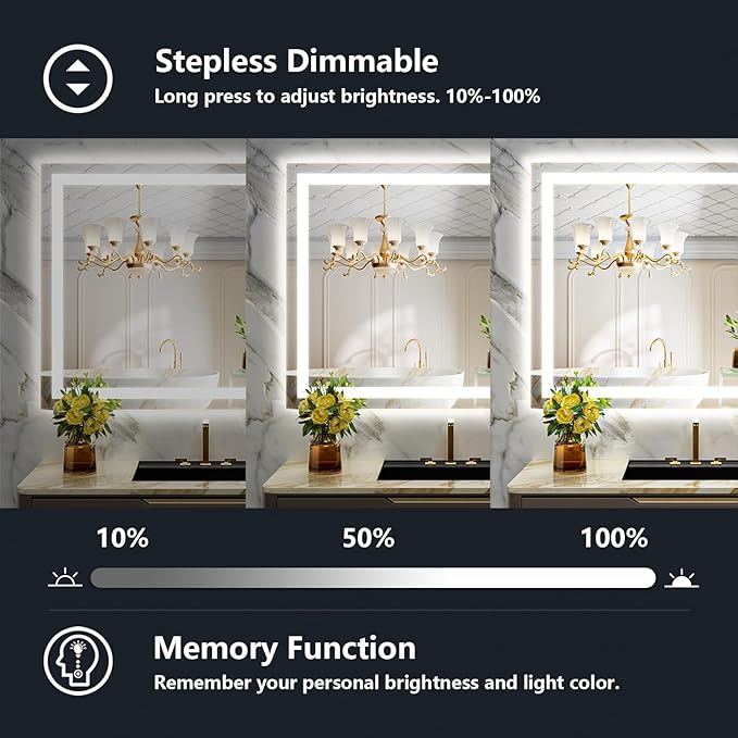 40x30 Inch LED Bathroom Mirror with Lights Front and Backlit Lighted Vanity Mirror for Bathroom Wall with 3 Colors Dimmable Anti-Fog Memory Shatter-Proof IP54 Waterproof Horizontal/Vertical