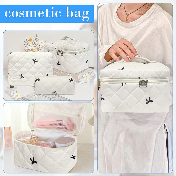 4 Piece Cute Bow Embroidered Quilted Makeup Bag Set, Large Capacity Travel Makeup Bags for Women and Girls, Includes Small, Small-Medium,Medium, and Extra Large aesthetic makeup&Cosmetic Bags