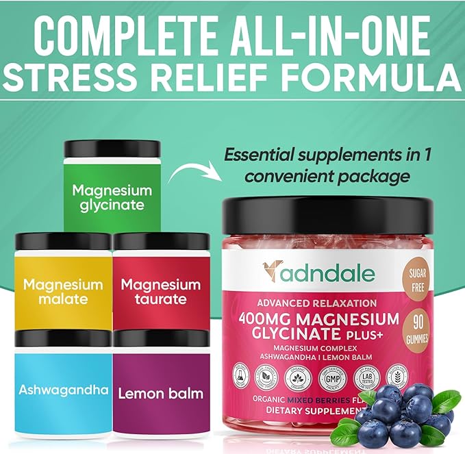 Adndale 90 CT Magnesium Glycinate Gummies 400 mg/Serv with Ashwagandha, Magnesium Malate & Taurate, Sugar Free Chews for Adults & Kids Relaxation, Stress Relief, Night Rest, Muscle & Cardio Support