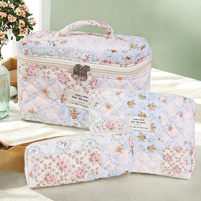 3 Pcs Quilted Makeup Bag Set,Coquette Cotton Make up Bag,Cute Floral Makeup Bags Large Toiletry Cosmetic Bag Organizer for Women Girls (J-3PCS)