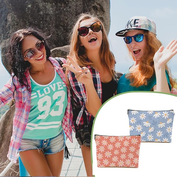 2pcs Daisy Floral Makeup Bag, Travel Essential Cosmetic Bag Garden Flower Gifts for Women Female Girls Sister BFF Nature Lover, Travel Zipper Pouch Christmas Thanksgiving Birthday Gifts