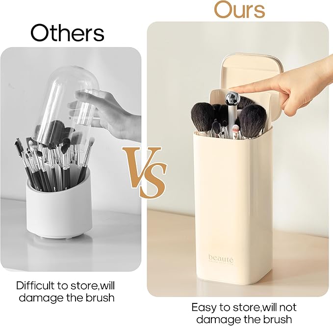 Makeup Brush Holder with Lid,One Touch Open 4 Slot Makeup Brush Case with Waterproof Dustproof,Brushes Storage Holder for Vanity, Dresser, Desk (Cream white)